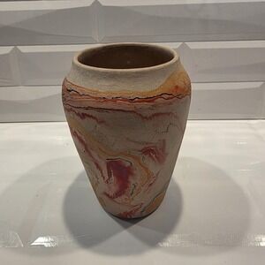 Nemadji‎ Pottery Vase Swirled Bright Red Orange Brown  6.5" Tall USA
